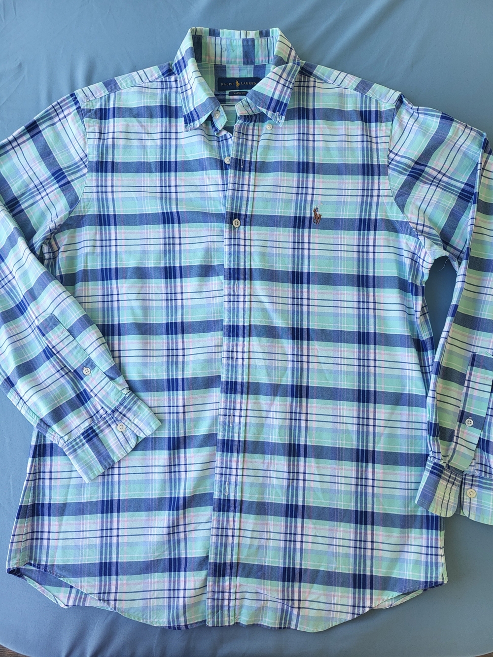 Ralph Lauren Light Blue and Green Plaid Button-Down Shirt
